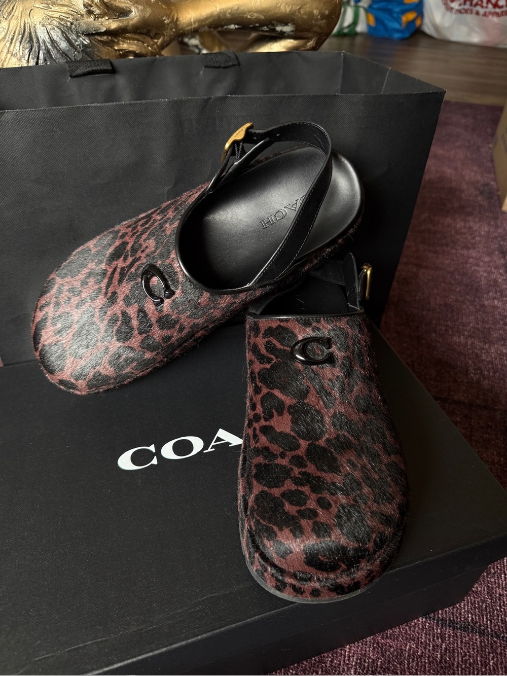 Coach Leopard-Print Slingback Clogs in Burgundy and Black